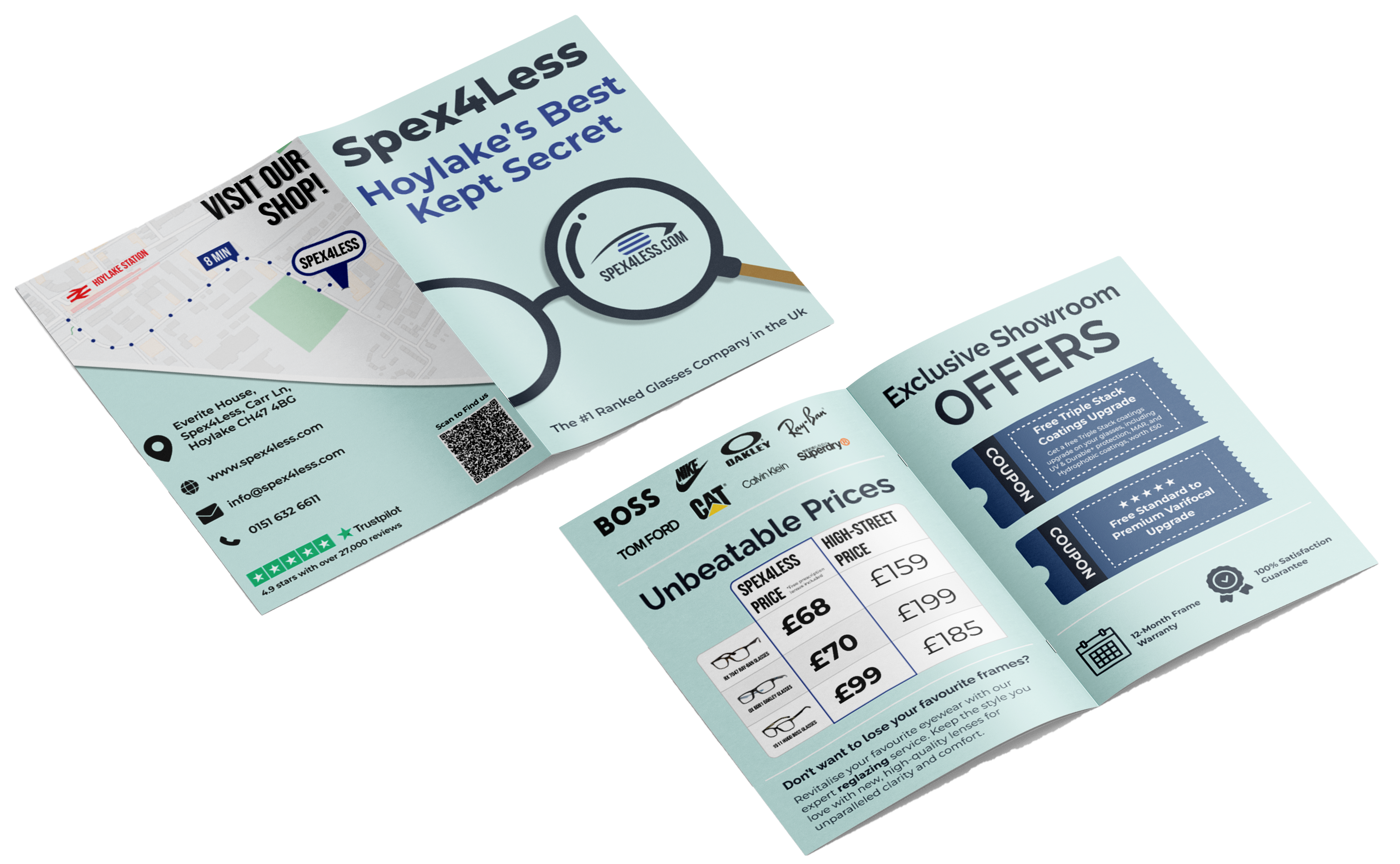 Inside and outside views of the Spex4Less printed pamphlet