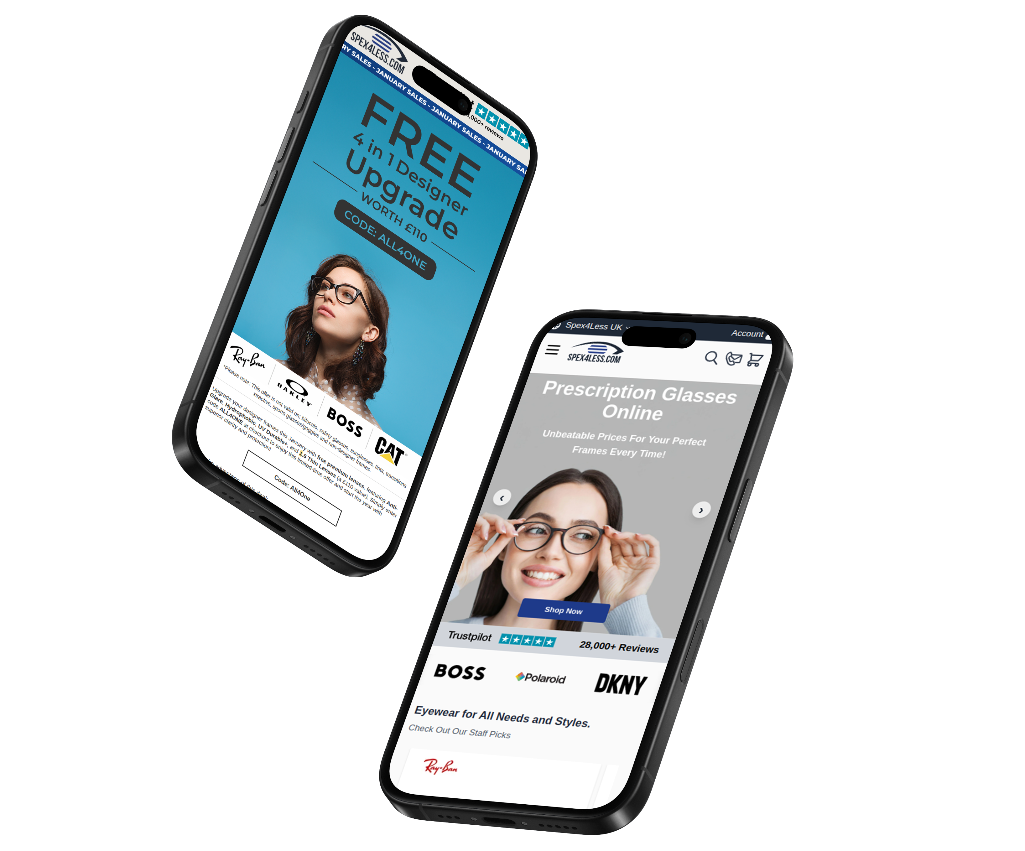 Spex4Less website displayed in a mobile phone mockup